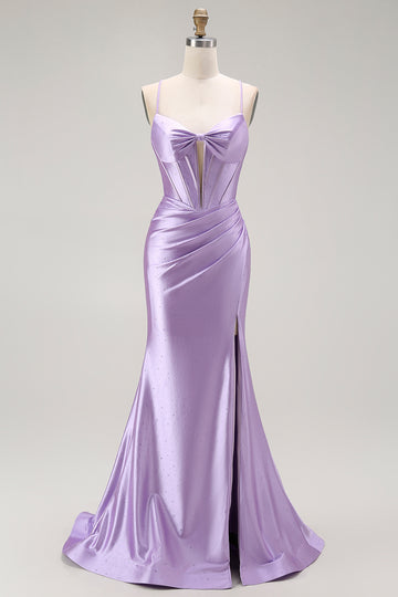 Mermaid Spaghetti Straps Ruched Purple Prom Dress